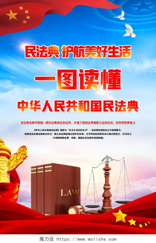蓝色党建党政党课一图读懂中华人民共和国民法典宣传海报